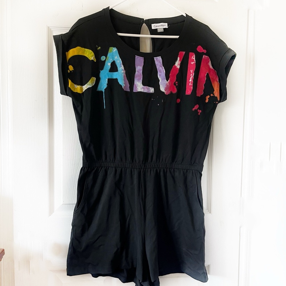 Calvin‎ Klein Black Romper with Multicolor Logo Sz M